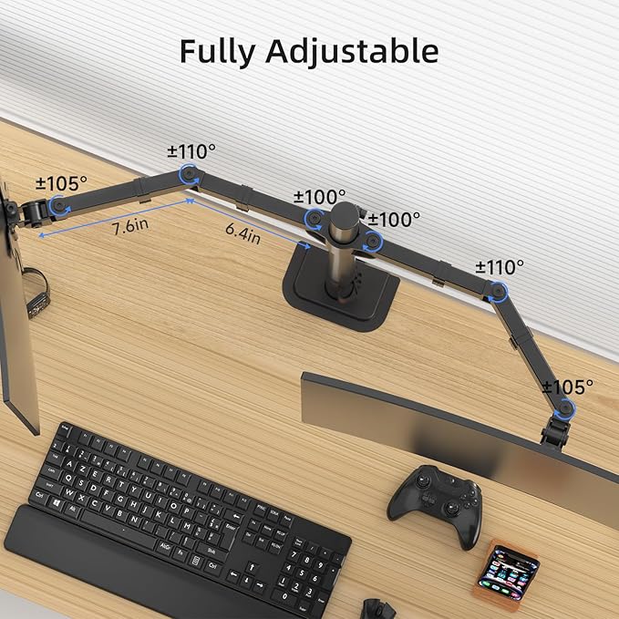 Suptek Dual Monitor Arm Desk Mount,Ultrawide Dual Monitor Arm for 2 Monitor Screens up to 38 inches and Max 22lbs Each,Extra Tall 15.75" Pole Fully Adjustable Monitor Stand for Desk,Black(MD9442MB)
