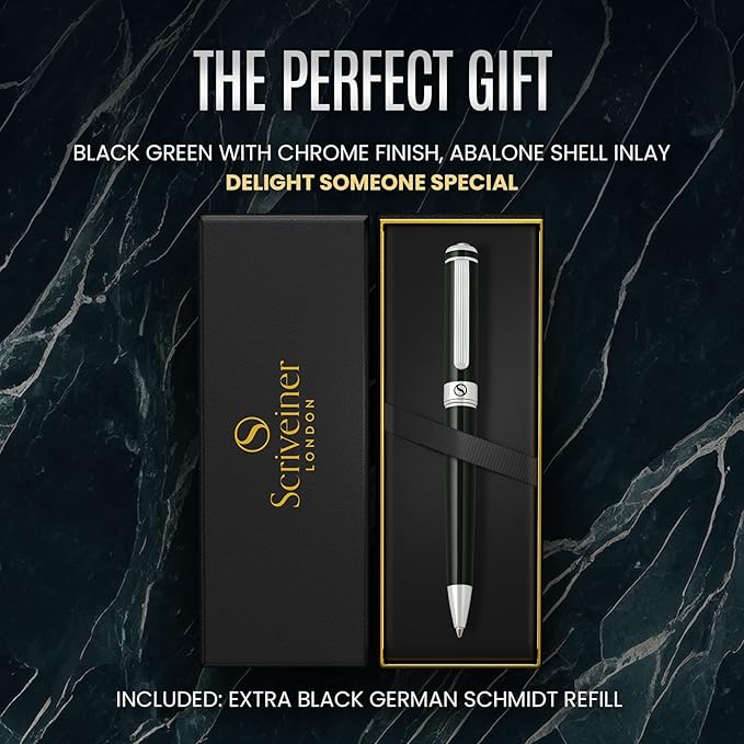 Scriveiner Black Green Ballpoint Pen - Black Green Luxury Pen, Chrome Finish, Schmidt Black Refill, Best Ball Pen Gift Set for Men & Women, Professional Executive Office, Nice Designer Pen
