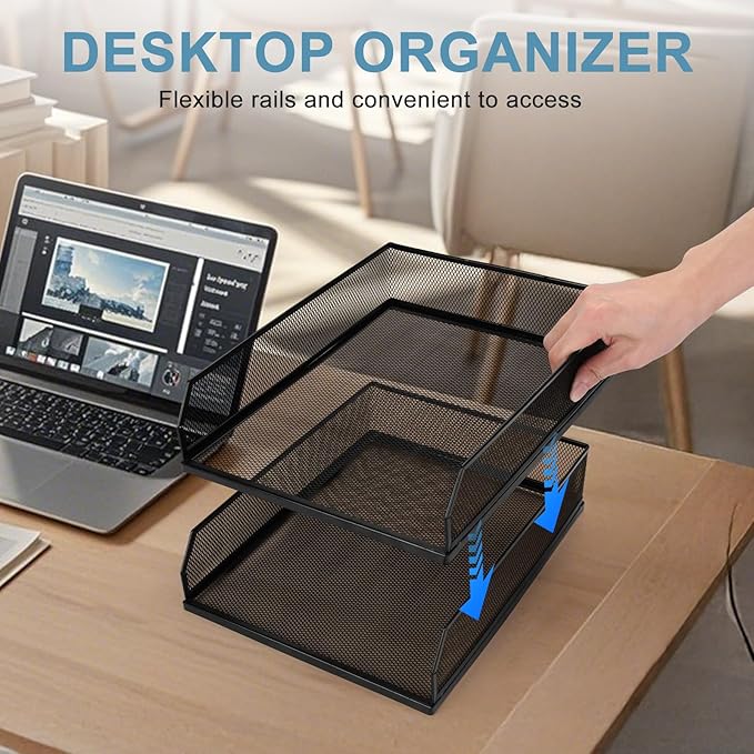 Stackable Paper Tray Organizer, Metal Mesh Wire Letter Tray, Letter Trays Organizers, Front-Load Paper Holder Storage for Office, School, Home,2 Pcs