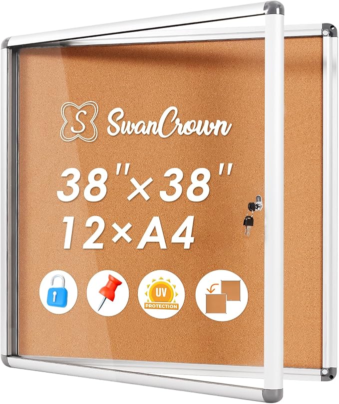 SWANCROWN Enclose Bulletin Board Case Big School Cork Pin Noticeboards Secure Cabinet for Message Guide 38x38inches (12xA4)