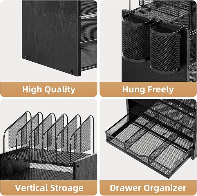 Marbrasse Desk organizer with Drawer, 4-Tier Wooden File Organizer with 5 Vertical File Holders and 2 Pen Holders, Desk Organizers and Accessories for Home Office - Black