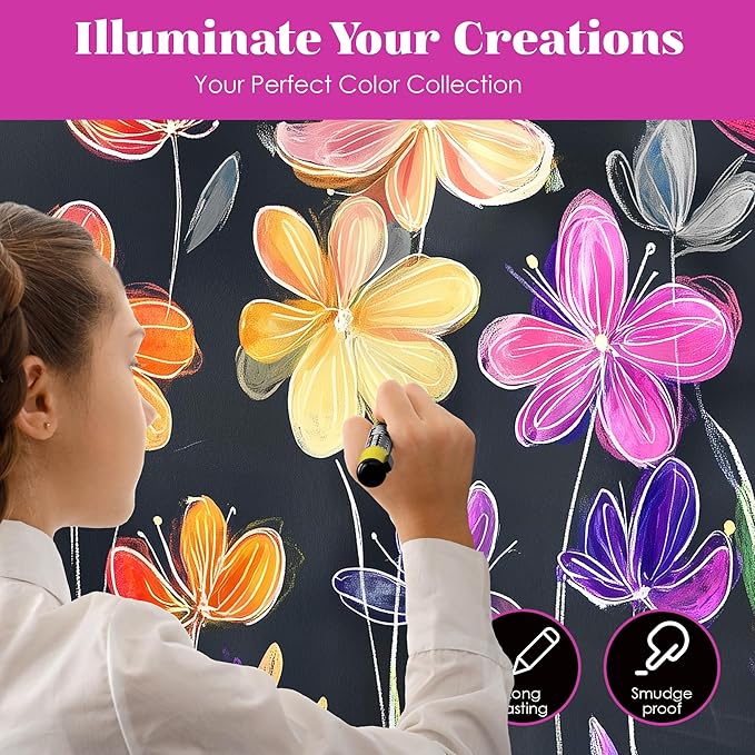 Loddie Doddie Chalk Markers - Pack of 16, 6mm Reversible Bullet & Chisel Tips - Non-Toxic Dust-Free Erasable Liquid Chalk Ink - Dry Erase Markers for Glass, Windows & Whiteboards