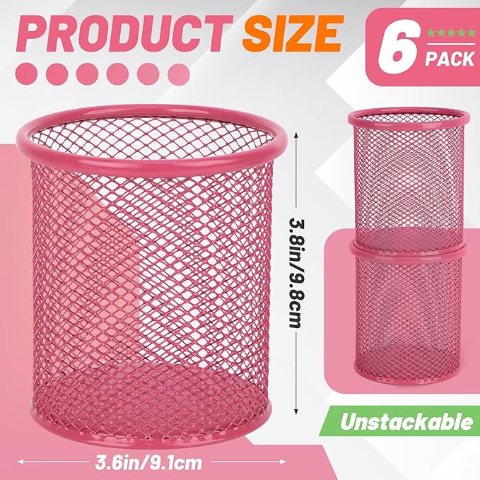 Segarty Pen Cup, 6 Pack Cute Dark Pink Pen Holder, Round Mesh Pencil Holder for Desk, Desktop Accessories Organizer for Office Supply, School, Home Storage, Makeup Brush Organization
