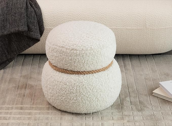 MEETAKING Small Round Foot Stool, Teddy Fabric Footrest Ottoman Stool with Non-Skid Legs, Modern Footstools Step for Couch, Desk, Office, Living Room (Beige)
