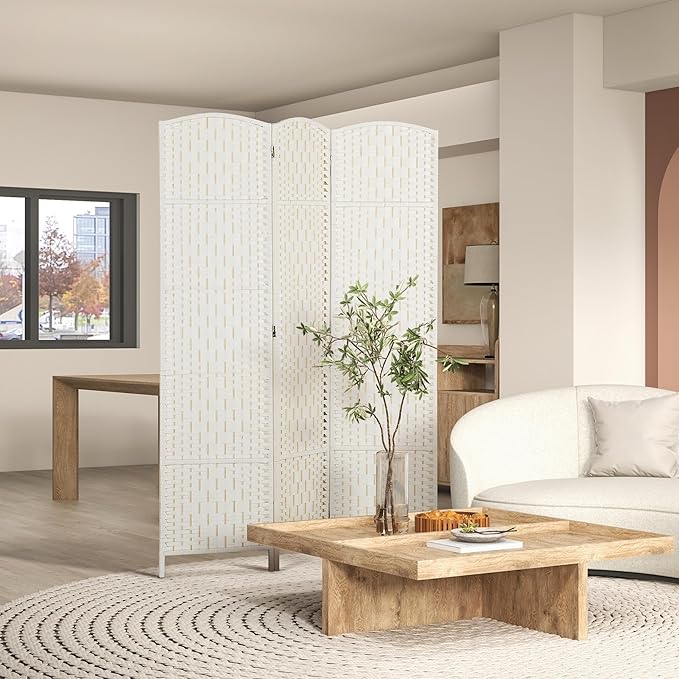 HOMCOM Room Divider, 3 Panel Folding Privacy Screen, 6FT Tall Portable Wicker Weave Partition Wall Divider for Bedroom, Home Office, White