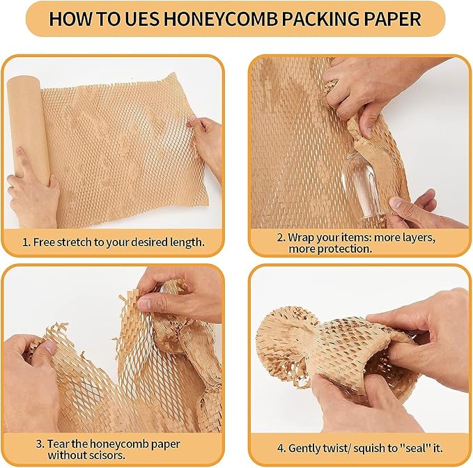 Honeycomb Packing Paper, 15"x300' Honeycomb Cushioning Bubble Wrap Paper Roll for Moving Shipping Breakables Packaging Gifts with 20 Fragile Sticker Biodegradable & Fully Recyclable Brown Kraft