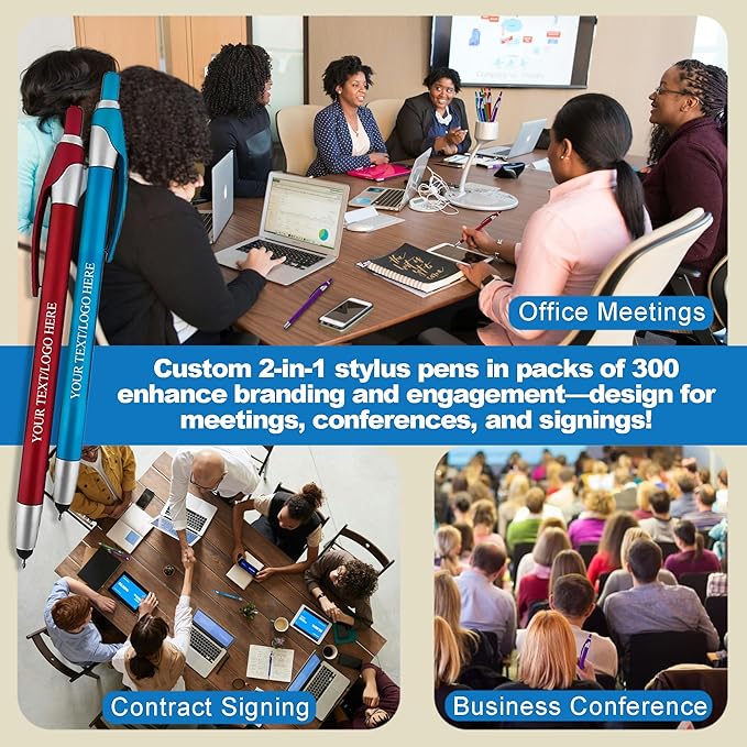 Personalized with Your Custom Logo or Text Pens-Pack of 300- for Marketing, Parties, and Events, 2 in 1 Capacitive Stylus & Ballpoint Pen Compatible with Touchscreen Devices, Black Ink, Assorted