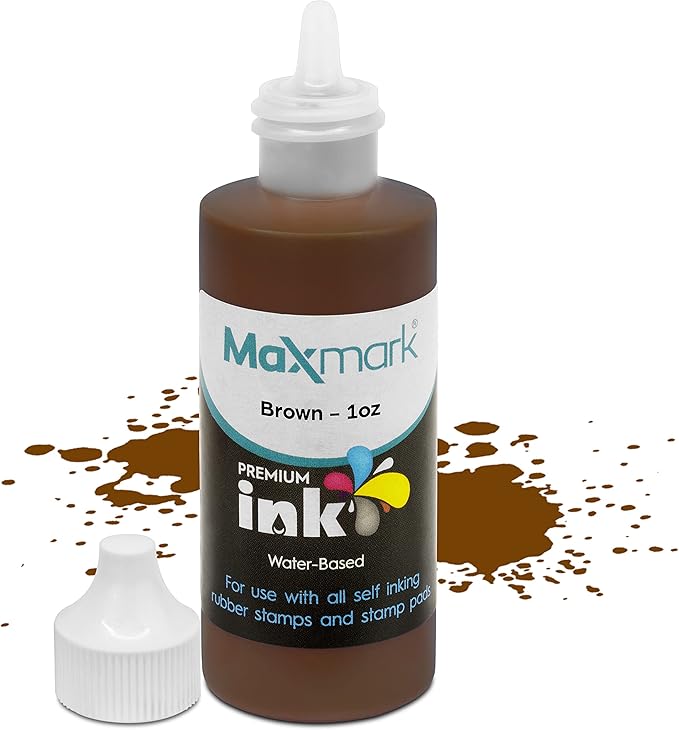 MaxMark Premium Refill Ink for self Inking Stamps and Stamp Pads, Brown Color - 1 oz.