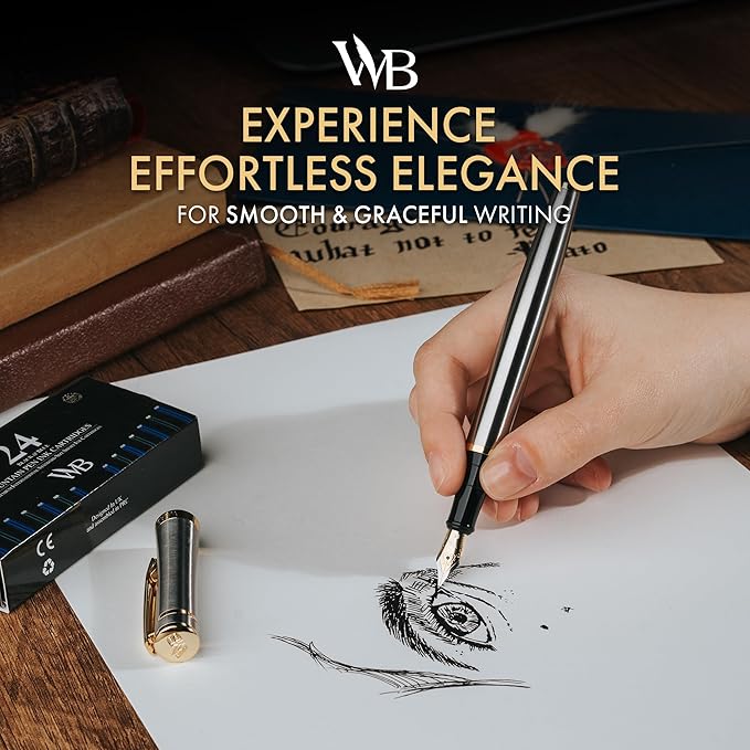 Wordsworth & Black Fountain Pen Set, 18K Gilded Extra Fine Nib, Includes 24 Pack Ink Cartridges, Ink Refill Converter & Gift Box, Gold Finish, Calligraphy, [Silver Gold], Perfect for Men & Women