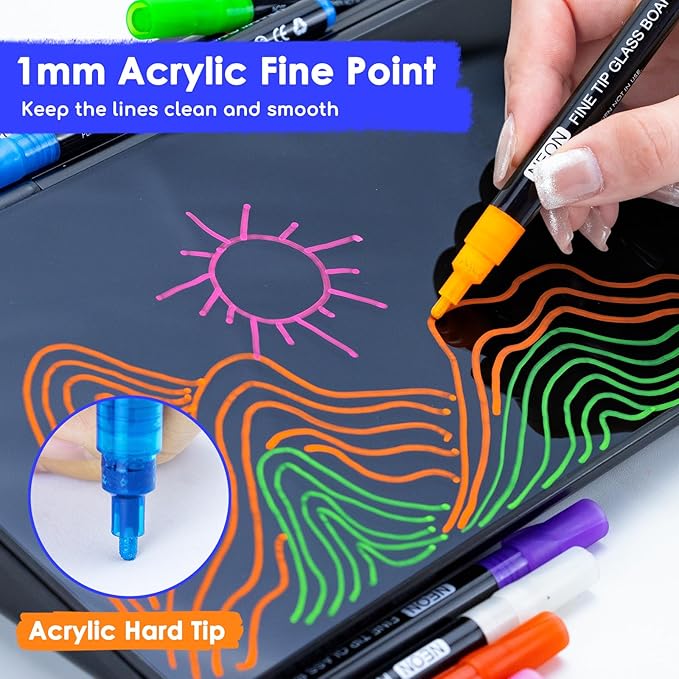 maxtek Neon Dry Erase Markers Fine Tip,Liquid Chalk Markers for Chalkboard,LED Note Board,Acrylic,First Day of School Board,Glass,Windows,1mm Fine Point,Assorted Colors,9 Count