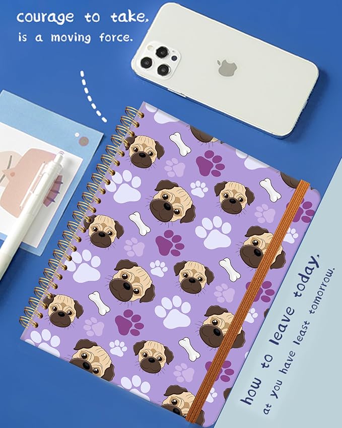 Ruled Spiral Writing Notebook,A5 Hardcover Lined College Journal for Women Lady,Fashion Puppy Watercolor Strong Twin-Wire Binding with Premium Paper,8.4" X 6",Perfect for School,Office,Home Gifts(Pug Bones Paws)