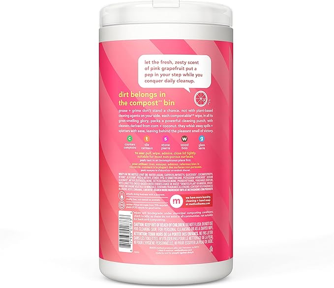 Method All-Purpose Cleaning Wipes, Pink Grapefruit, Multi-Surface, Compostable, 70 Count (Pack of 3)