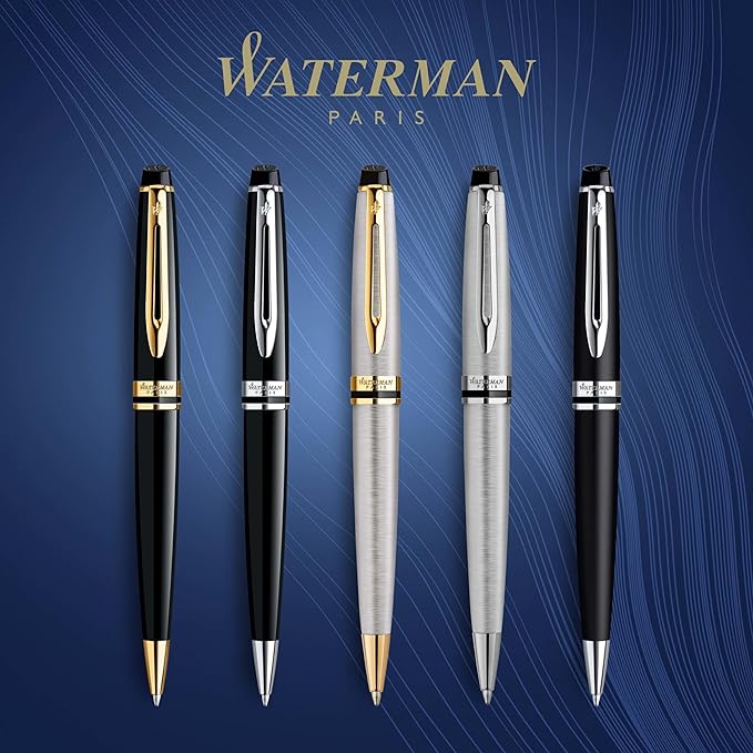 Waterman Expert Ballpoint Pen, Black with Golden Trim, Medium Tip, Blue Ink, Gift Box