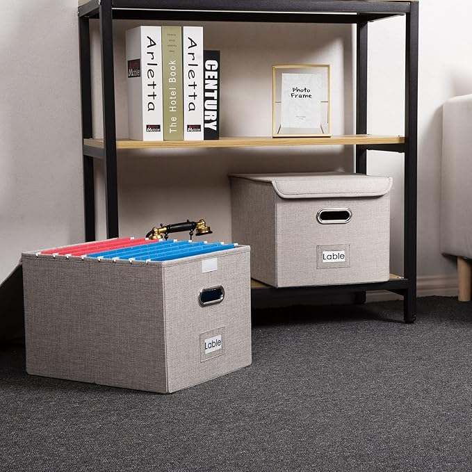 PRANDOM File Organizer Box - Set of 1 Collapsible Decorative Linen Filing Storage Hanging File Folders with Lids Office Cabinet Letter Size Light Grey (15x12.2x10.75 inch)