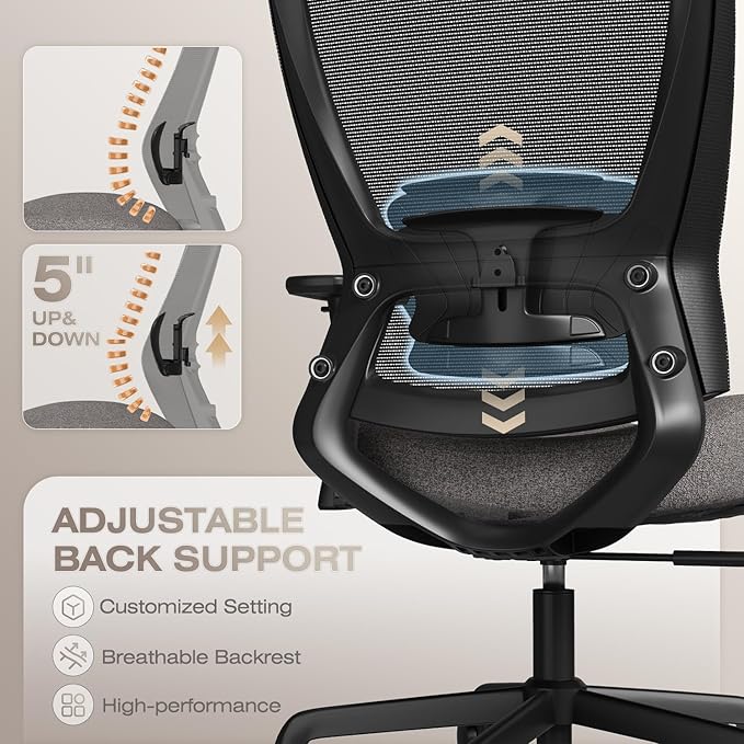 T96C Ergonomic Home Office Chair, Mesh Computer Desk Chair with 4D Armrests, Adjustable Lumbar Support,Tilt Function, Executive Rolling Swivel Task Chair for Long Hours (Stone)