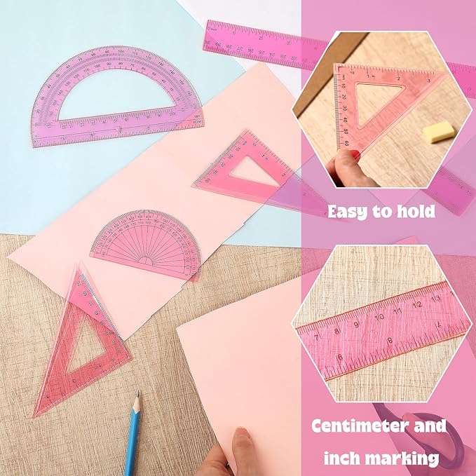 Zonon 1 Set Plastic Geometry Math Set Includes Drawing Compass, 6 Inch 4 Inch Protractor, 45/60 Degree Triangle Rulers 12 Inch 6 Inch Math Ruler Transparent for Office Supplies (Pink)