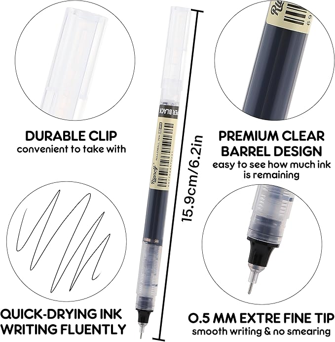 RIANCY Liquid Ink Rollerball Gel Pens, 0.5mm Extra Fine Point Tip, 12ct Assorted Colors, Smooth Writing No Smear No Bleed, Vibrant for Journaling, Drawing, Sketching, School Notes & Art Supplies