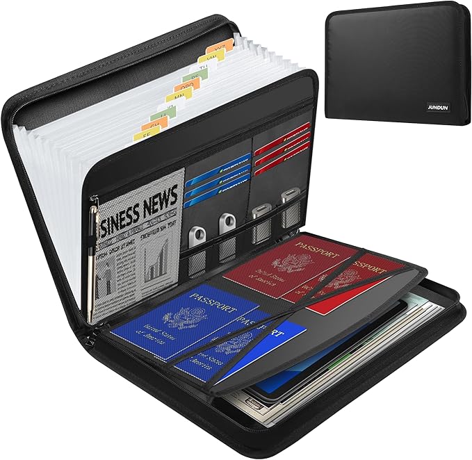 JUNDUN Accordion File Organizer - Fireproof Accordion Folder with Zipper & Labels - 13 Pocket Expanding File Folder with Multi-Pockets Document Organizer Folder for Letter A4 Files | Receipt and More