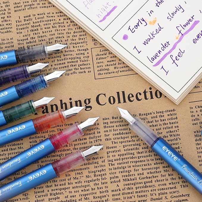 EYEYE Disposable Fountain Pens for Writing, Medium Point Stainless Steel Nib, Pack of 8 Assorted Colors