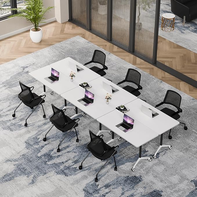 Folding Conference Table, Modern Conference Room Tables with Flip-Top Design, Foldable Conference Table Meeting Table with Wheels, Mobile Seminar Training Tables for Office Classroom (6, White 2)