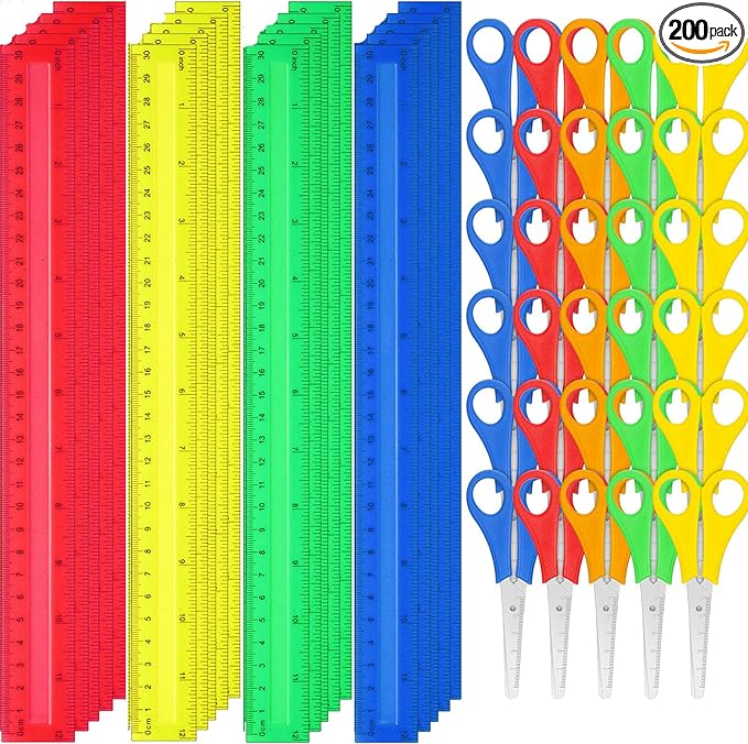 PerKoop 200 Pcs School Supplies with 100 Pcs Safety Blunt Tip Student Scissors 100 Pcs 12 Inch Plastic Rulers Back to School Supply Kit for Operation Christmas Charity Donation Supplies (Vivid Color)