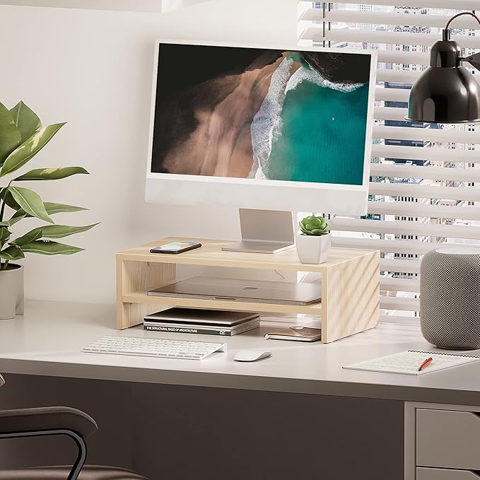 FITUEYES Monitor Stand - 2 Tier Computer Monitor Riser Shelf, Wood Desktop Stand for Laptop Computer Screen, Desk Organization, Office Supplies