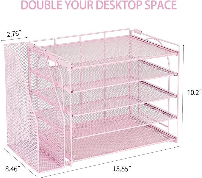 AUPSEN Pink Desk Organizers and Accessories,5-Tier Desktop Paper File Organizer with Adjustable File Holder, Office Desk Accessories for Office Supplies