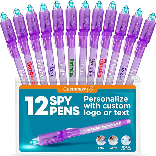 Personalized Invisible Disappearing Ink Pen Marker, Custom Secret Spy Message Writer with UV Light, Fun Activity for Kids Party Favors Gifts and Stock Stuffers, 12 Pack, Purple