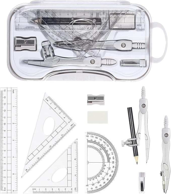 Math Geometry Sets 10 Piece Student Supplies with Shatterproof Storage Box,Includes Rulers,Protractor,Compass,Eraser,Pencil Sharpener,Lead Refills,Pencil,for Drafting and Drawings（Grey）