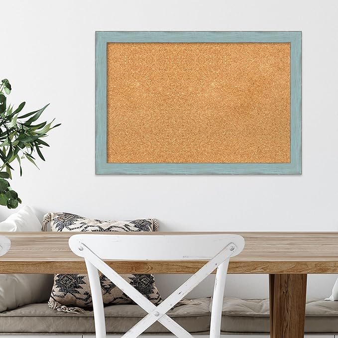 Amanti Art Natural Cork Board for Wall, 18x26 Vision Board with Blue Wood Frame, Medium Corkboard Office Decor for Home Organization, Rustic Farmhouse Corkboard Pinboard to display items for home