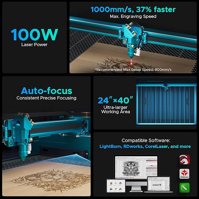 OMTech Pronto 100W CO2 Laser Engraver & Cutter with Water Chiller – 40"x24" Workspace, 1,000mm/s Speed, Autofocus, 2-Way Pass, Air Assist, for Wood, Acrylic & More