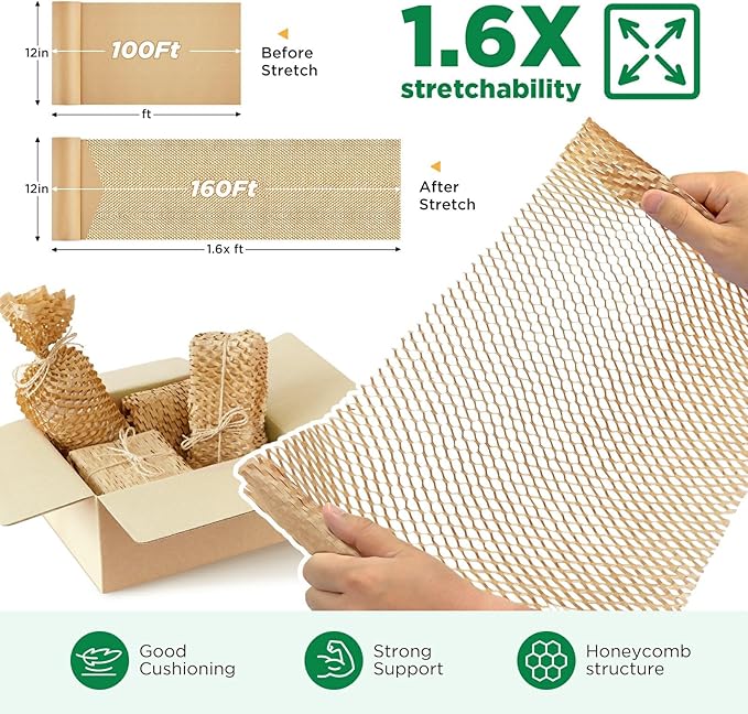 Honeycomb Packing Paper, 12"x100' Brown | Perforated Honeycomb Packing Paper Recyclable Moving Supplies for Shipping & Moving | Plastic-Free Alternative to Bubble Cushion Wrap with 36 Fragile Stickers