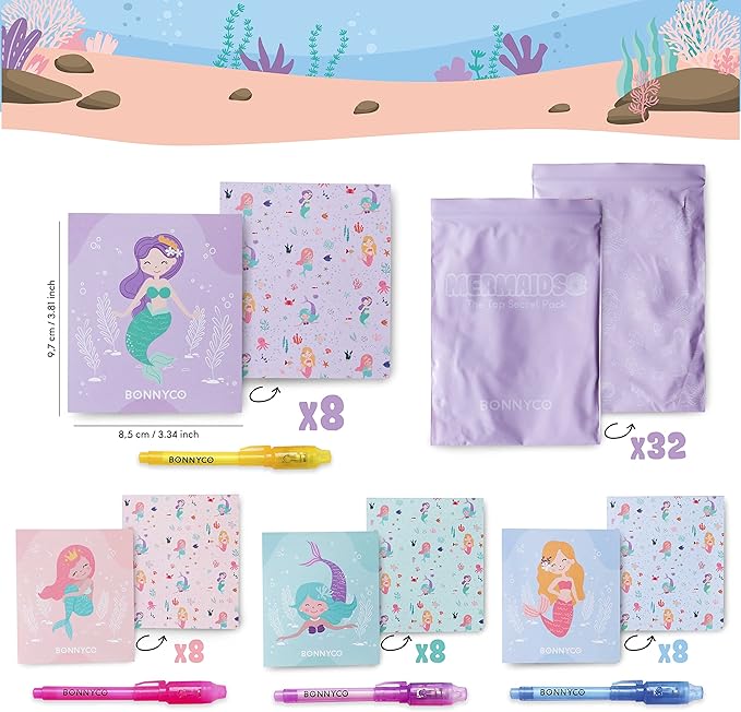 BONNYCO Invisible Ink Pen and Notebook Pack of 32 Mermaid Party Favors for Kids | Spy Pen Mermaid Party Supplies, Prizes for Kids | Magic Pen Mermaid Birthday Party Favors, Prizes for Students