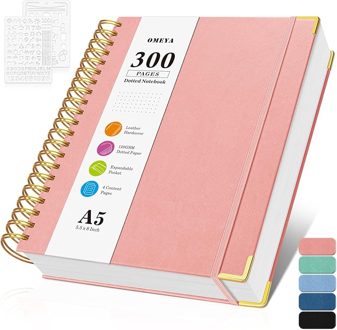 Bullet Dotted Journal Spiral Notebook, 300 Pages Leather Notebooks with Contens, 120 GSM Thick No Bleed Through Paper Journals, A5 Dot Grid Notebook for Women Men School Work Writing, 5.5" x 8", Pink