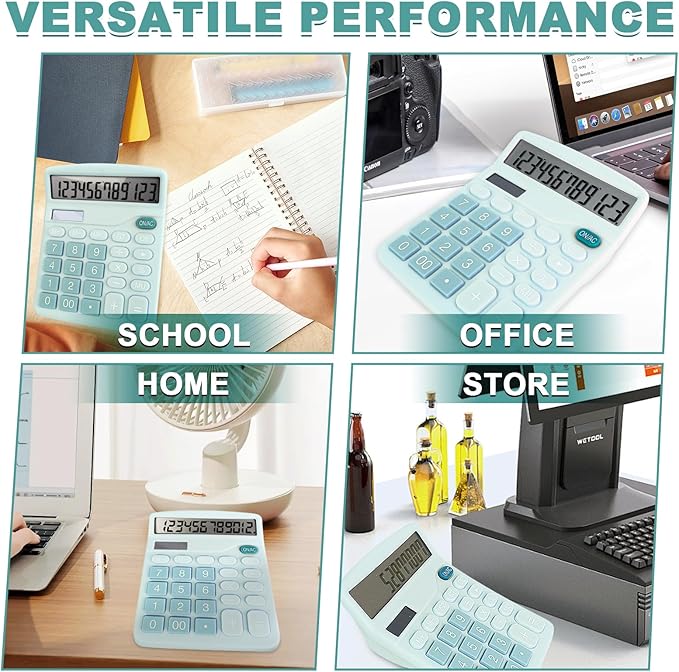 Basic Calculator with Comfortable Large LCD Display, 12 Digits Calculators Desktop, Tilt Screen, Big Button, Desk Calculator with Dual Power (Solar & Battery Included) (Blue)