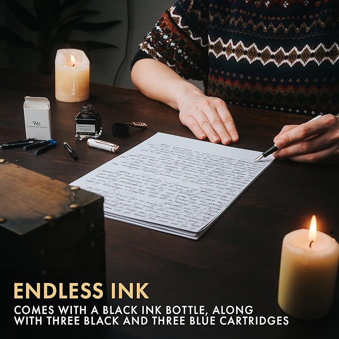 Wordsworth & Black Fountain Pen Set,18K Gilded Medium & Extra Fine Nib,25ML Black Ink Bottle,6 Ink Cartridges,Refill Converter,Gift Box,Smooth Writing Pen [White Rose Gold],Gift Set for Men and Women