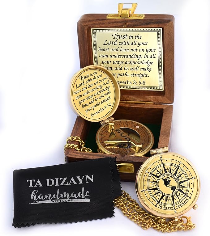 Trust in The Lord With All Your Heart - Proverbs 3:5-6 Quote Engraved Compass With Wooden Box, Greeting Card, Gift Compass, Graduation Day Gifts 2024 for Women Men Boys Girls
