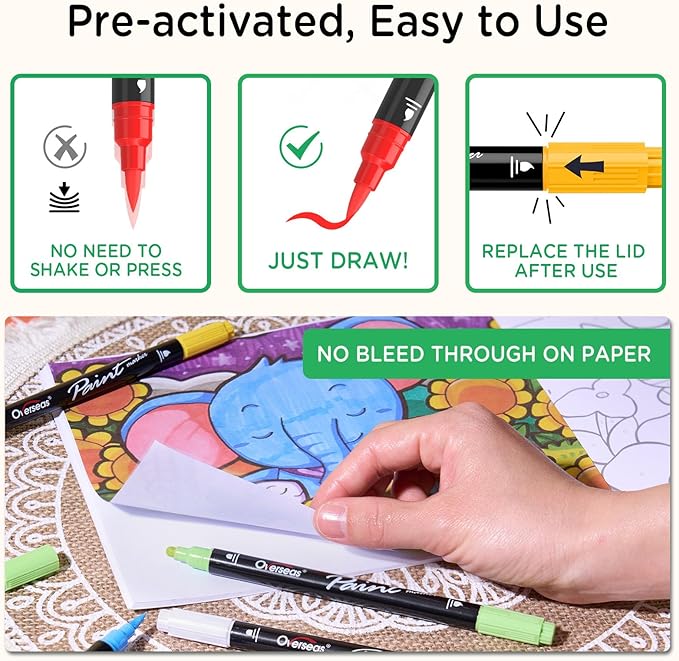 Overseas Green Acrylic Paint Markers, 6 Pack Dual Tip Paint Pens Acrylic Markers - Dot and Brush Tip Coloring Marker for Wood, Rock, Canvas, Glass, Metal, Plastic, Rubber, Fabric, School Supplies