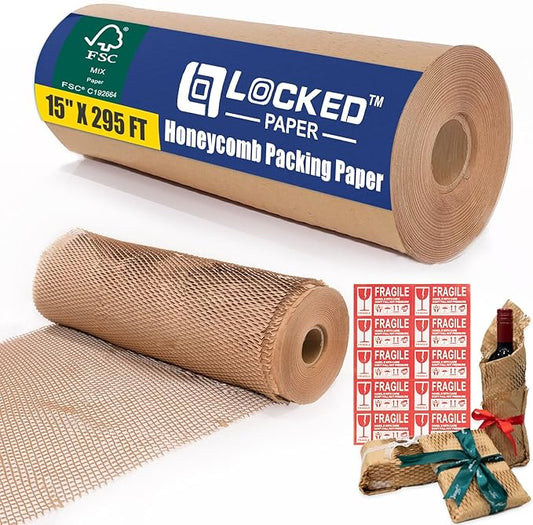 Packing Materials for Moving 15inx295ft Household Honeycomb Packing Paper for Moving Dishes and Glassware, Recyclable Sustainable Shipping Supplies Bubble Cushioning Wrap Roll, Eco Friendly