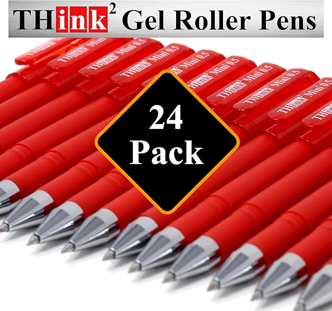 THINK2MASTER [24 Pens - Red Ink Think2 0.5mm Pocketable Mini Gel Pens. (24 Red) Fine Point Small Rollerball Pens with Smooth Quick Drying Ink.