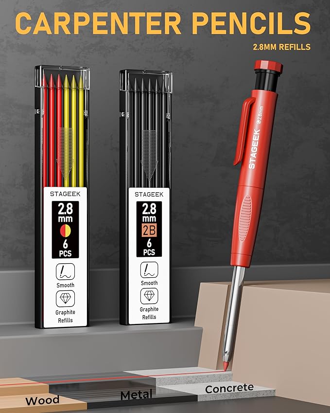 14 Pack Carpenter Pencil Set with Sharpener, Carpenter Pencils with Automatic Center Punch, Carbide Scribe Tool, Deep Hole Long-Nib Marker Pen & Construction Pencils for Architect with Pouch
