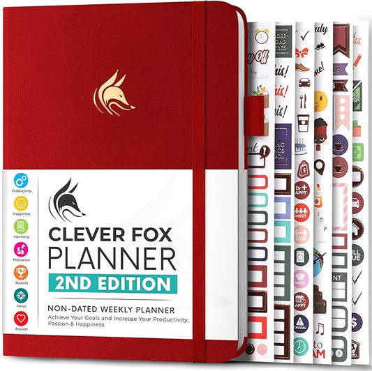 Clever Fox Planner 2nd Edition – Colorful Weekly & Monthly Goal Planner, Time Management & Productivity Organizer, Undated, A5 (Red)
