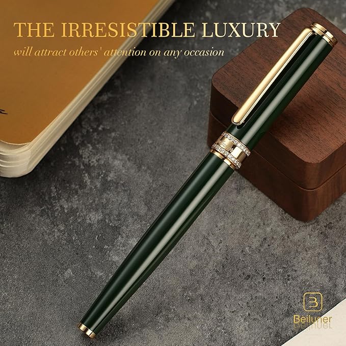 BEILUNER Green Lacquer Rollerball Pen, Diamond-Studded Cap Design, 24K Gold Trim, Noble and Elegant, Schneider Ink Refill, Best Pen Gift Set for Women & Men, Professional, Business Office, Nice Pens