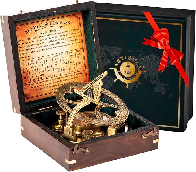 Antique Look Brass Vintage Sundial Compass with Wooden Box, Fully Functional Nautical Home Decor Ship Navigation Sailor Sundial Clock, Gift Item J.H.Steward Ltd. Strand London with Chart