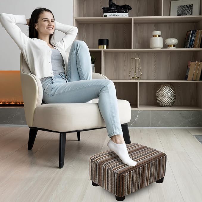 CAROLMADE Small Foot Stool Ottoman Footstool with Legs Under Desk Footrest for Living Room Bedroom and Office,Linen-Stripe Brown