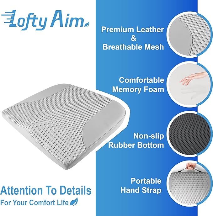 Car Seat Cushion, Comfortable Memory Foam Seat Pillow for Driving, Sciatica-Back Pain Relief, Cushion for Car-Truck, Office, Wheelchair - Gray