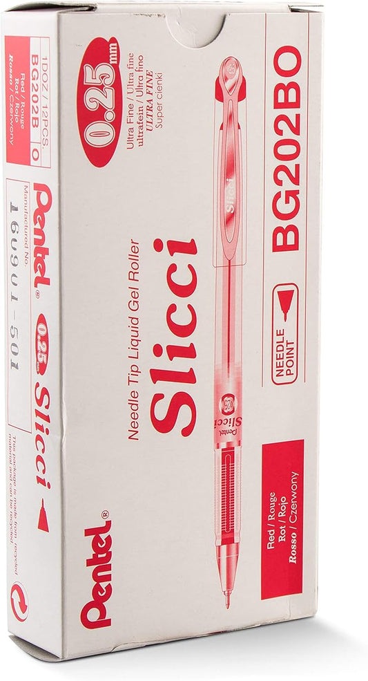 Pentel Arts Slicci 0.25 mm Extra Fine Gel Pen, Red Ink, Box of 12 (BG202-B)