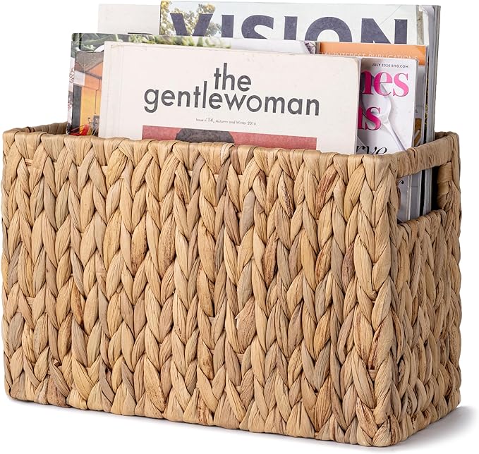 StorageWorks Hand-Woven Magazine Holder, Magazine Wicker Basket for Bathroom, Office, Rattan Magazine Holder, Natural Water Hyacinth, 1 Pack