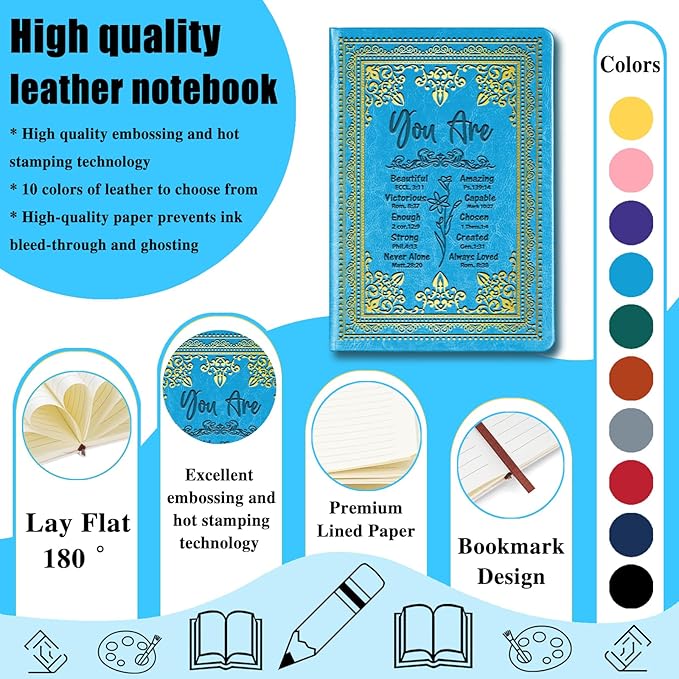 Light Blue A5 Lined Leather Journal Notebook,Inspirational Christian Gifts Hardcover Executive Notebooks for Men Women,200 Pages 100 Gsm Thick Ruled Paper Daily Diary for School,Family ,Friends,Work (You Beautiful Light Blue)