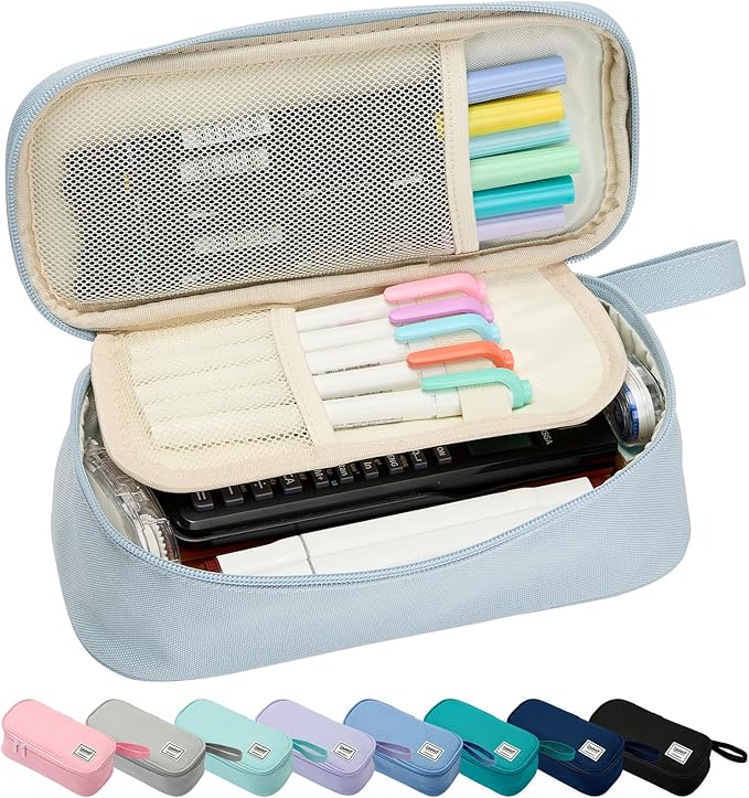 Pencil Case Pouch Box Bag School Supplies Girls Boys Kids, Cute Preppy Stuff Large Big Capacity Aesthetic Pen Organizer, Back to College Stationary, Powder Blue, Standard Stlye, 1800ml